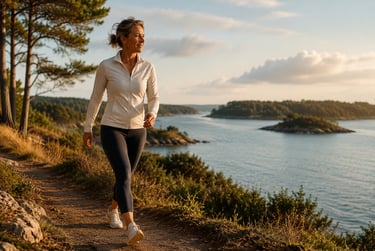 Mobilité des hanches après 40 ans lors d'une marche active sur la côte du Golfe du Morbihan.