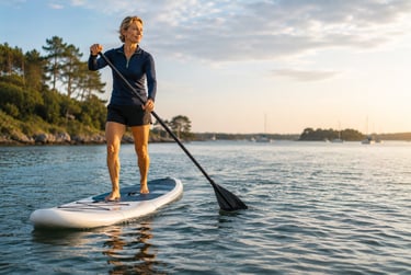 Femme active de 55 ans pratiquant le paddle près de Port-Navalo dans le Golfe du Morbihan.
