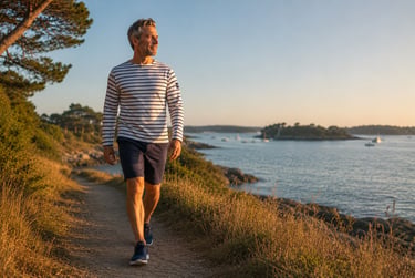 Mobilité des chevilles après 40 ans lors d'une marche active sur la côte du Golfe du Morbihan.