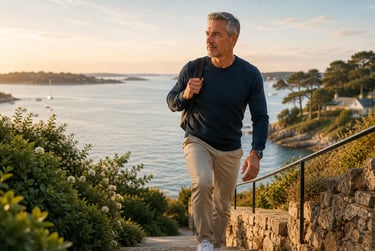 Mobilité des hanches après 40 ans lors d'une montée d'escalier sur la côte du Golfe du Morbihan.