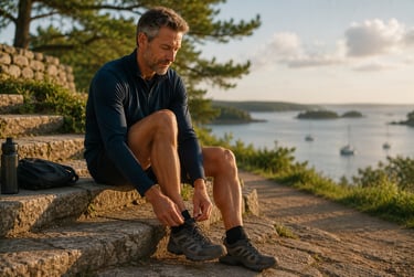 Homme de 50 ans enfilant ses chaussures avant une marche sur la côte du Golfe du Morbihan.