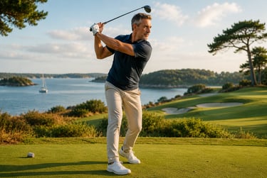 Mobilité des hanches après 40 ans lors d'un swing de golf sur la côte du Golfe du Morbihan.