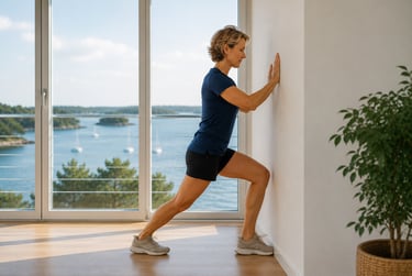 Femme de 50 ans réalisant un exercice Knee To Wall pour améliorer la mobilité de la cheville.