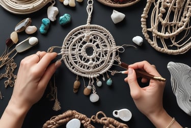 Proyecto artesanal de macramé hecho a mano, tipo tapiz mural, con cuentas bohemias y piedras natural