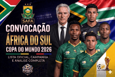 Arte da Copa 2026: "Convocação África do Sul", com técnico Hugo Broos e os jogadores da seleção sul-africana.