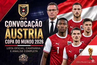 Post da convocação da Áustria para a Copa 2026 com o técnico Rangnick, jogadores, bandeira do país e troféu da FIFA.