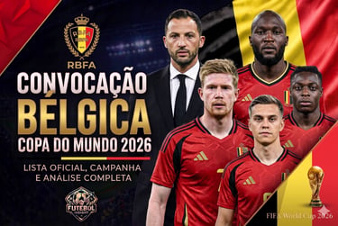 Post da convocação da Bélgica para a Copa 2026 com o técnico Tedesco, jogadores, bandeira do país e troféu da FIFA.