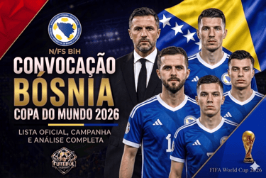 Post da convocação da Bósnia para a Copa 2026 com o técnico Barbarez, jogadores, bandeira do país e troféu da FIFA.