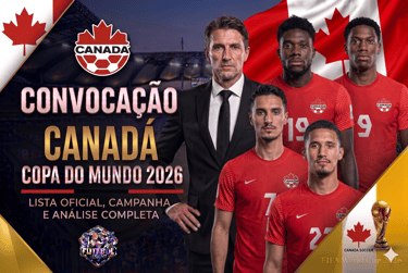 Anúncio da convocação do Canadá para a Copa 2026, com o técnico e os quatro jogadores.