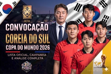 Capa de anúncio da convocação da Coreia do Sul para a Copa do Mundo 2026, com o técnico e jogadores Son Heung-min e outros.
