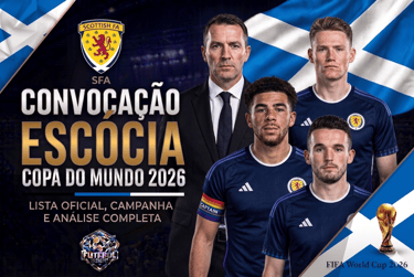 Post da convocação da Escócia para a Copa 2026 com o técnico Clarke, jogadores, bandeira do país e troféu da FIFA.