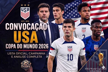 Anúncio da convocação dos EUA para a Copa 2026, com técnico Pochettino, jogadores e a bandeira do país ao fundo.