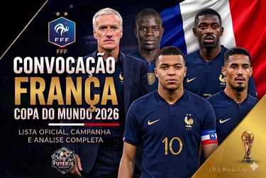 Seleção da França para a Copa do Mundo 2026 em pôster esportivo com Mbappé e clima de competição mundial.