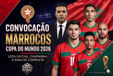 Post da convocação de Marrocos para a Copa 2026 com o técnico Regragui, jogadores, bandeira do país e troféu da FIFA.