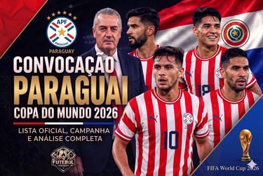 Arte da convocação do Paraguai para a Copa 2026, com o técnico Gustavo Alfaro e jogadores com camisa alvirrubra.