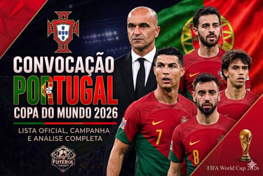 Capa da convocação de Portugal para Copa 2026 com Roberto Martínez, Cristiano Ronaldo, Bruno Fernandes, Bernardo e Félix.