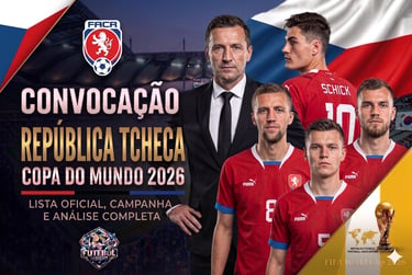 Arte de convocação da República Tcheca para a Copa do Mundo 2026, mostrando o técnico Miroslav Koubek e quatro jogadores.