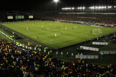 Vista do Estádio El Campín em Bogotá, Colômbia, com arquibancadas e gramado em dia de jogo da seleção colombiana.
