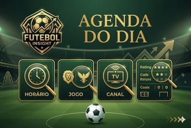 Banner de agenda do dia do portal Futebol Insight com claquete, horários de jogos e logotipo dourado sobre fundo de estádio.