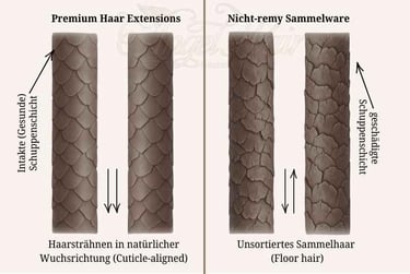 Comparison of premium cuticle-aligned hair extensions vs damaged non-remy floor hair scales.