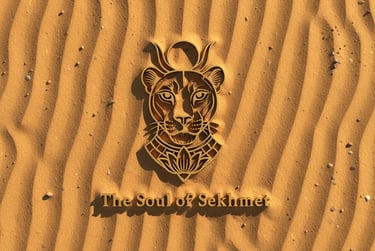 Image of sytlized lioness symbol and text "The Soul of Sekhmet"  half-buried in sand.