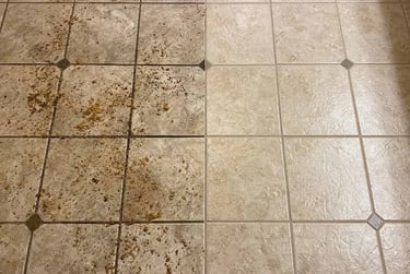 Side-by-side comparison of dirty floor tiles and clean, restored grout after low-moisture cleaning