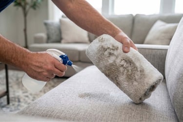 Hands using a spray bottle and a dirty rolled towel to clean a stain off a grey fabric sofa.