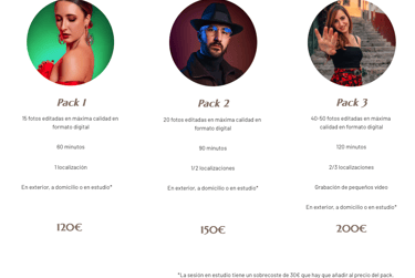 información de packs y precios de sesiones de fotos de modelo individual en granada