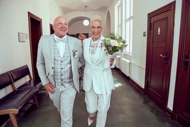 Bride and groom leaving the town hall after wedding.