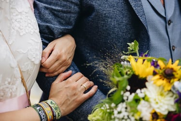 Close-up of brides hands with a wedding ring.