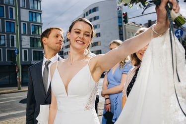 Happy bride walking on the streets of Berlin.