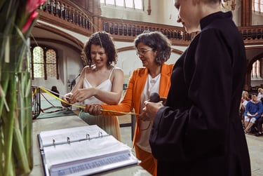 Brides exchanging wedding bracelets at the altar.