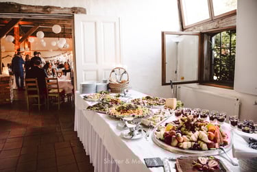 Food served out for the wedding reception.