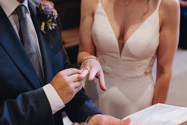 Bride and groom exchanging rings.