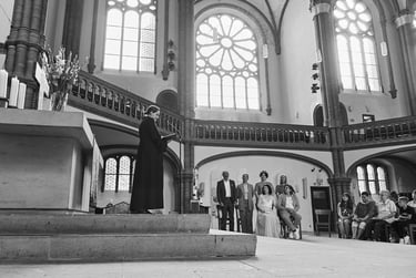 Pastor preaching in a church during a wedding ceremony.