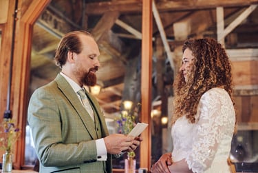 Groom reading his vows to bride.