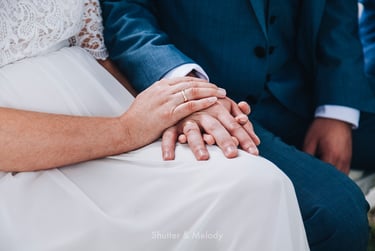 Close-up of bride's and groom's hands.