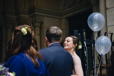 Bride smiling before entering church in Berlin.