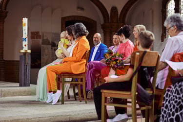 Lesbian couple in a church during a wedding ceremony.
