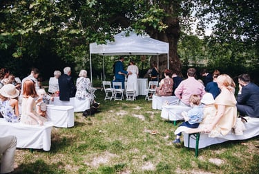 Bride and groom in an outdoor ceremony.