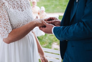 Bride and groom exchanging rings.
