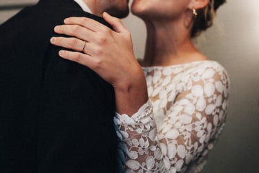 Close-up of the brides hand with a wedding ring.
