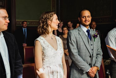 Bride saying I do during wedding ceremony.