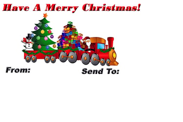 Festive Christmas train illustration with Santa Claus, a snowman, and a decorated tree on a holiday gift tag.