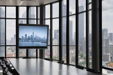 Ein Konferenzraum mit einem Großbildfernseher und einem Großbildfernseher