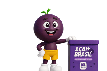O Mascote da Açaí Mais Brasil ao lado de uma caixa de 10L de Açaí indicando o alto rendimento de cop