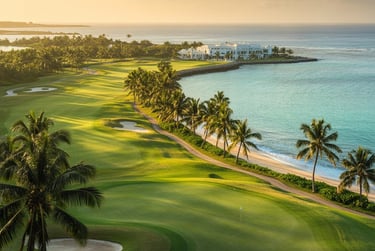 Luxury tropical golf course resort with green fairways and palm trees along a turquoise ocean beach.