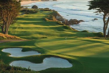 Scenic coastal golf course green with sand bunkers overlooking the ocean at sunset.