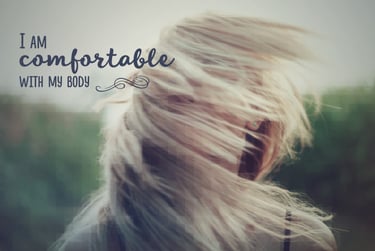 Positive body image quote featuring a woman with wind-swept blonde hair and body positivity text.