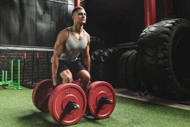 A muscular man performing farmer's walks with heavy red weight plates in a gym setting.